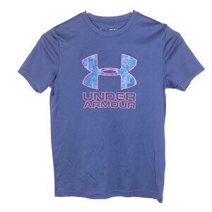 Under Armour T-Shirt SZ Y M Loose Fit HeatGear Tee Blue Sportwear Graphic Logo